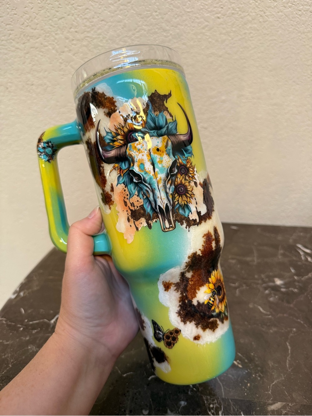 Aqua Yellow Cow Fur Bull Skull Glitter Tumbler Cup 40 oz Handmade